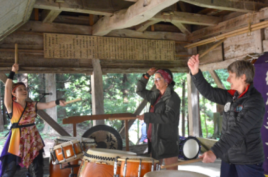 Taiko drumming experience at an ancient temple relic in Nagano, Japan